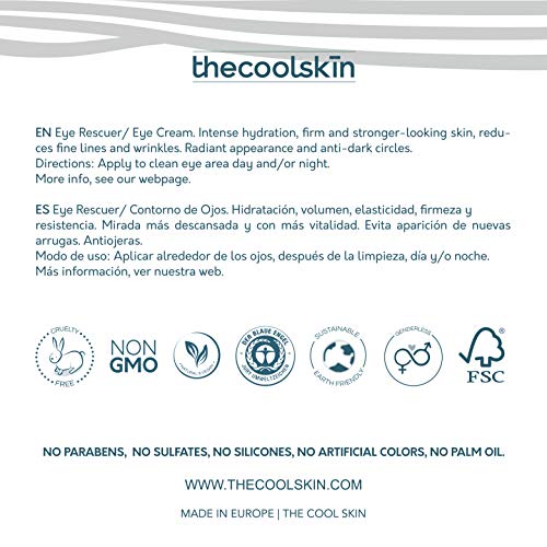 100% Natural y Vegano - Contorno de Ojos Antiedad con colágeno, ácido hialurónico, niacinamida, cafeína, Vitamina E y más. Antibolsas, Antiojeras 15ml Thecoolskin