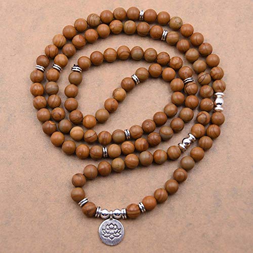 108 Pulsera Mala Yoga de Cuentas Naturales con Encanto de Loto (Grano de madera (Wooden Grain))