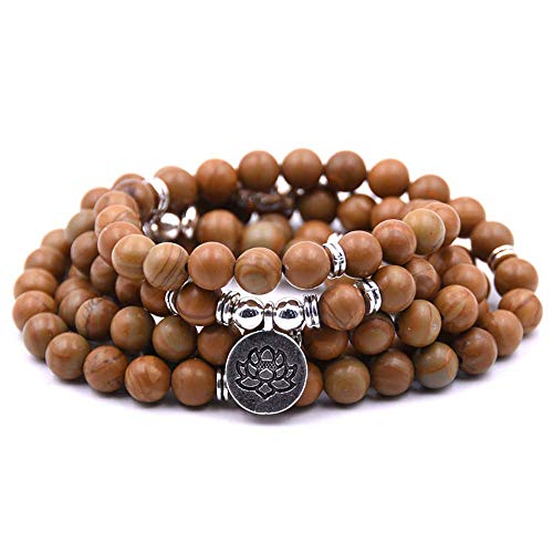 108 Pulsera Mala Yoga de Cuentas Naturales con Encanto de Loto (Grano de madera (Wooden Grain))