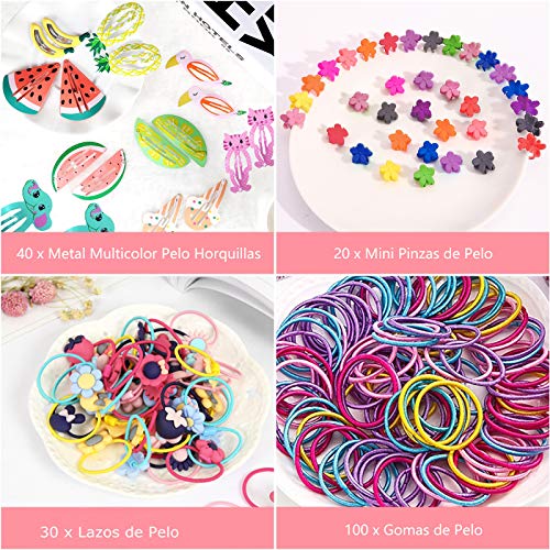 190 Piezas Accesorios Pelo Niña, 60pcs Pinzas de Pelo Niña y 130pcs Gomas Pelo Niña, Multicolor Horquillas Clips Pelo Lazos de Pelo Banda Elástica Accesorios Cabello para Niña Bebe Infantiles