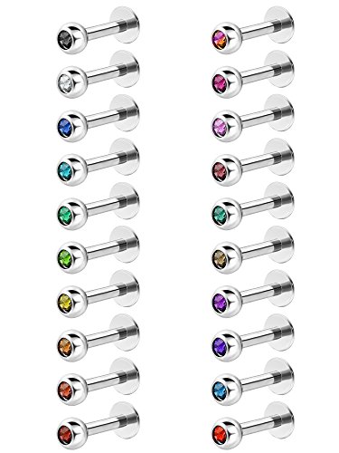 20 Piezas de Labret de Labio de Acero Inoxidable Perno de Nariz de Zirconia Cúbica Piercing de Cuerpo de Barra de Pesa, 16 Gauge, Colores Variados