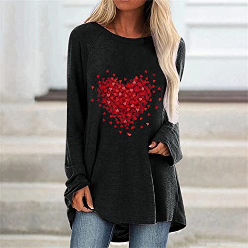 2022 Día de San Valentín Camiseta de Manga Larga Mujer, Moda Impresión Blusa Cuello redondo camisa Largo basica Camiseta Suelto primavera Tops Casual T-Shirt fiesta Elegante original Sudadera tee