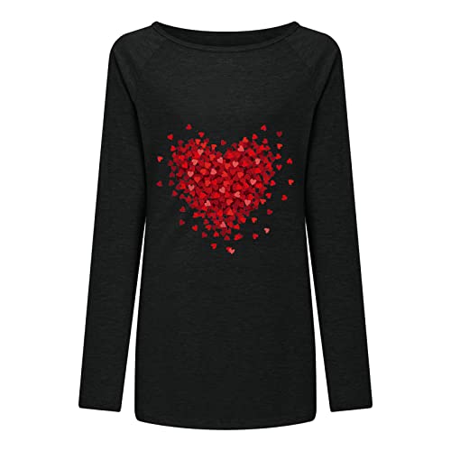 2022 Día de San Valentín Camiseta de Manga Larga Mujer, Moda Impresión Blusa Cuello redondo camisa Largo basica Camiseta Suelto primavera Tops Casual T-Shirt fiesta Elegante original Sudadera tee