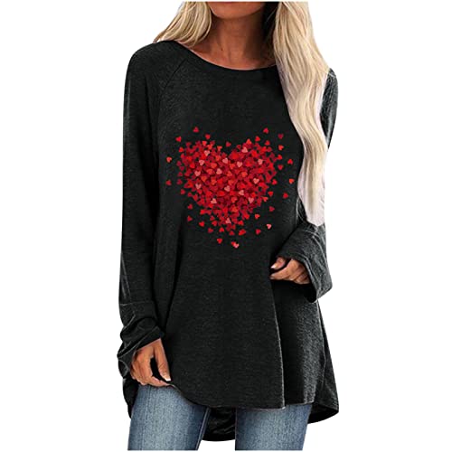 2022 Día de San Valentín Camiseta de Manga Larga Mujer, Moda Impresión Blusa Cuello redondo camisa Largo basica Camiseta Suelto primavera Tops Casual T-Shirt fiesta Elegante original Sudadera tee