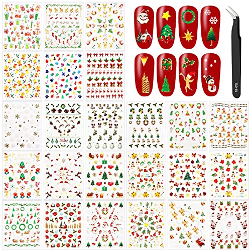 24 Hojas Pegatinas Uñas Navidad Decorativa Copos de Nieve Etiqueta Uñas Adhesivos para Uñas Nail Art Stickers con Pinzas para Decoraciones de Uñas de Bricolaje