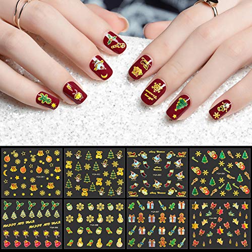 24 Hojas Pegatinas Uñas Navidad, Decorativas Adhesivos Pegatinas para Uñas Nail Art Stickers con Pinzas para Decoraciones de Uñas de Navideñas (Dorado)