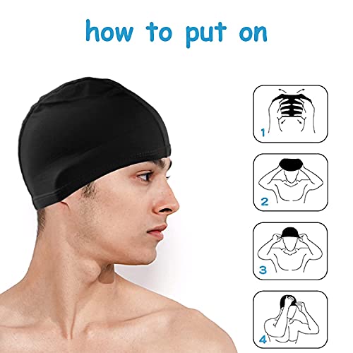 2Pcs Unisex Gorro de Natación Gorro Piscina Mujer y Hombre Gorro de Baño para Pelo Largo y Corto Gorros de Piscina Suave y Cómodo, Talla Unica (Negro + Azul Claro)