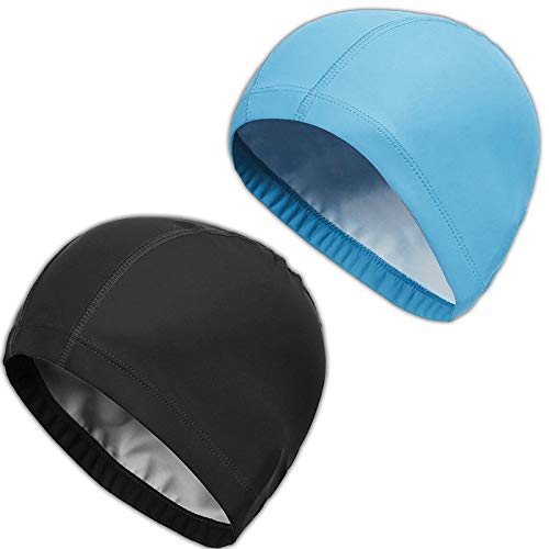 2Pcs Unisex Gorro de Natación Gorro Piscina Mujer y Hombre Gorro de Baño para Pelo Largo y Corto Gorros de Piscina Suave y Cómodo, Talla Unica (Negro + Azul Claro)