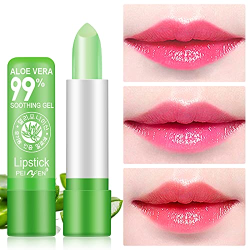 3 Piezas Lápiz Labial Aloe Vera , Bálsamo Labial Lápiz Labial con Cambio Color Temperatura Mágica, Maquillaje Labios Nutritivo Larga Duración, Juego Brillo Labios Aloe Vera Regalo de Cumpleaños