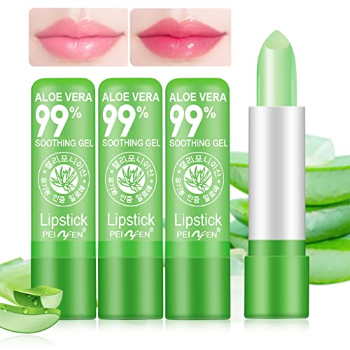 3 Piezas Lápiz Labial Aloe Vera , Bálsamo Labial Lápiz Labial con Cambio Color Temperatura Mágica, Maquillaje Labios Nutritivo Larga Duración, Juego Brillo Labios Aloe Vera Regalo de Cumpleaños