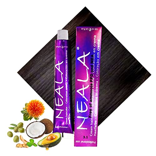 3.1- Coloración Profesional SIN AMONIACO y libre de PPD y MEA Enriquecido con Omega9, extractos naturales y vitaminas. Gran brillo y cobertura.- 3.1- Castaño Oscuro Ceniza - NEALA 100ml.