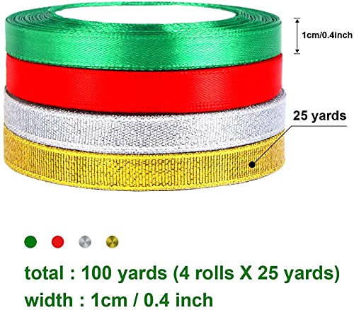 4 rollos de cintas de grogrén de Navidad de 100 yardas de seda de satén colorido de Navidad paquete de cinta ancha de tela de satén de poliéster para envolver regalos de Navidad, boda, hacer lazos