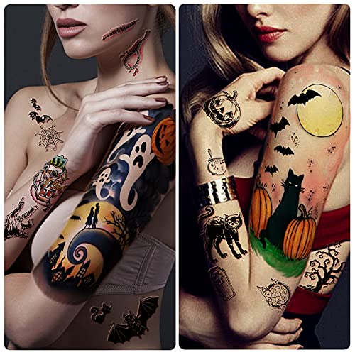 40 hojas de tatuajes temporales de Halloween para niños y adultos, maquillaje de Halloween, fiesta de disfraces, cosplay, calcomanías faciales, máscara, zombi, vampiro, bruja, tatuaje, pegatinas