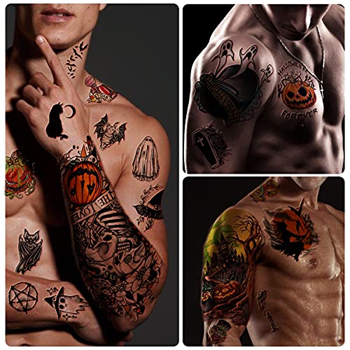 40 hojas de tatuajes temporales de Halloween para niños y adultos, maquillaje de Halloween, fiesta de disfraces, cosplay, calcomanías faciales, máscara, zombi, vampiro, bruja, tatuaje, pegatinas