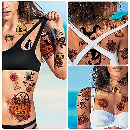 40 hojas de tatuajes temporales de Halloween para niños y adultos, maquillaje de Halloween, fiesta de disfraces, cosplay, calcomanías faciales, máscara, zombi, vampiro, bruja, tatuaje, pegatinas