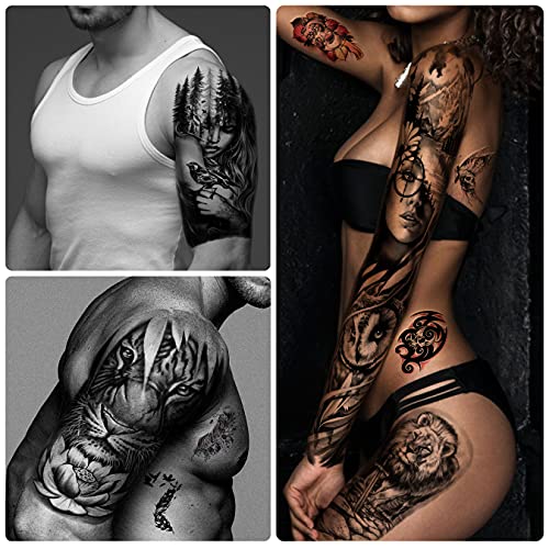 46 hojas de tatuajes temporales impermeables de brazo completo para hombres, tatuajes falsos de animales de flor de tigre león para mujeres adultas, tatuaje de mano en el antebrazo y hombro en 3D