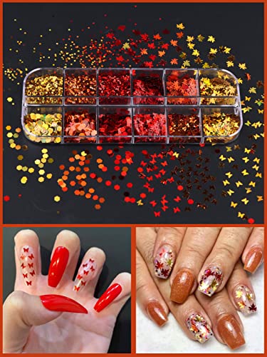 48 cuadrículas Lentejuelas Holograficas Glitter, Kalolary 3D Lentejuelas Holográficas para Gracias con Láser Hojas Otoño Brillantes Calcomanías Uñas Escamas para Mujeres Maquillaje Bricolaje(4 cajas)