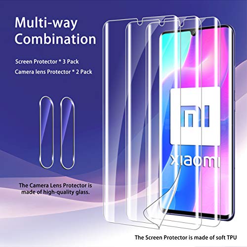 5 Pack UniqueMe Protector de Pantalla Compatible con Xiaomi Mi Note 10 Lite con 3 Pack HD Película de TPU y 2 Pack Protector de Lente de Cámara,[Sin Burbujas] [Fácil de Instalar]