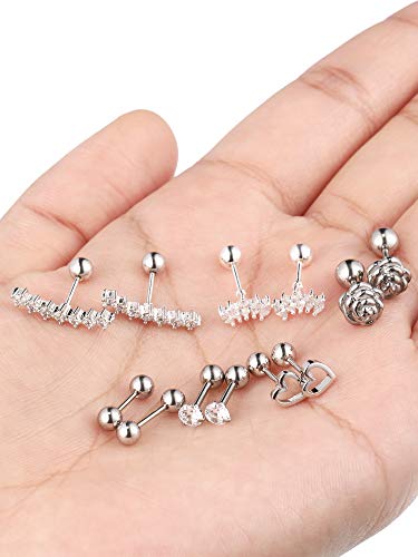 6 Pares de Pendientes de Cartílago Trago de Acero Inoxidable Piercing de Perno de Cuerpo Nariz Labio Labret de Barra con Pesas para Adornos de Hombres Mujeres (Plateado)