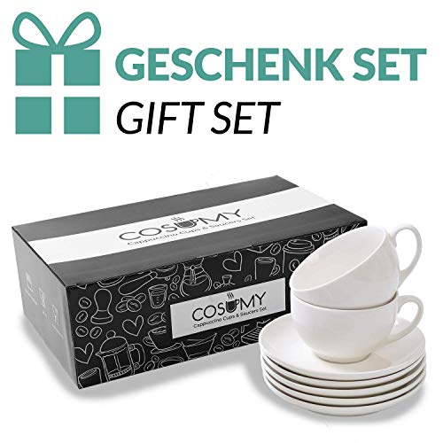 6 Tazas de Capuchino de Ceramica Blanca - Con Platos - 180ml - Con Caja de Regalo - Aptas para Lavavajillas y Microondas