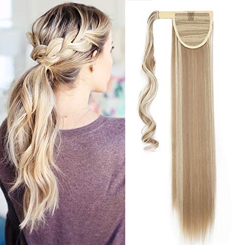 65cm - Silk-co Coleta Postiza de Pelo Sintético con Clips Extensiones de Caballo Liso & Largo Cola de Caballo Ponytail [#Miel Rubia & Lejía Rubia] - 100g