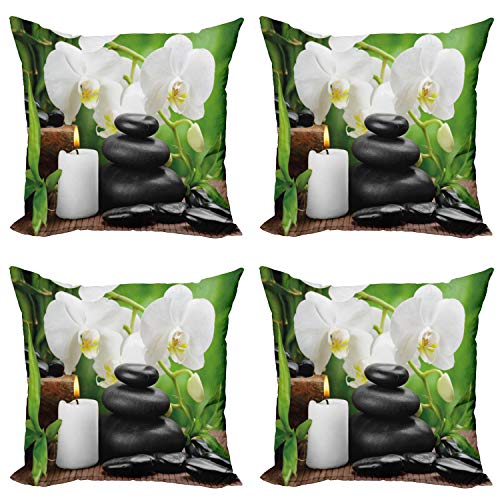 ABAKUHAUS SPA Set de 4 Fundas para Cojín, Orquídeas Piedras de la Naturaleza, Estampado Digital en Ambos Lados y Cremallera, 60 cm x 60 cm, Negro Blanco y Verde