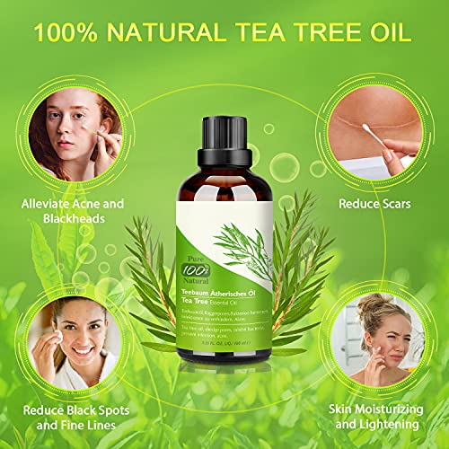 Aceite de Árbol de Té 100% Natural,100 ML Aceite Esenciale-Aceite de Acné,Tea Tree Oil Puro,Aceite Perfumado de Árbol de Té,Tratamiento Antiacné Contra la Piel y Cara con Imperfecciones,Antipinillas