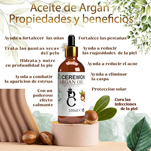 Aceite de Argán VEGETAL de Marruecos Ecológico Natural, Vegano 100% Bio Puro Primera Presión en Frío para Pelo, Piel, Barba y Uñas. con Botella de Vidrio- 100 ml