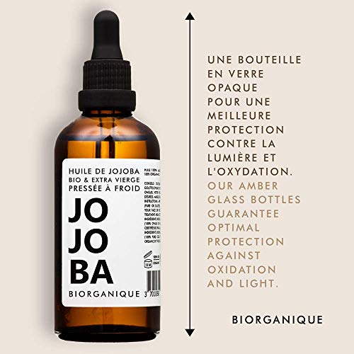 Aceite de Jojoba - 100 % Orgánico, Puro, Natural y Prensado en Frío - 100 ml - para el cuidado del cabello, cuerpo, piel - Ecologico