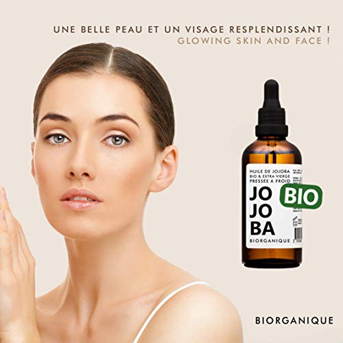 Aceite de Jojoba - 100 % Orgánico, Puro, Natural y Prensado en Frío - 100 ml - para el cuidado del cabello, cuerpo, piel - Ecologico