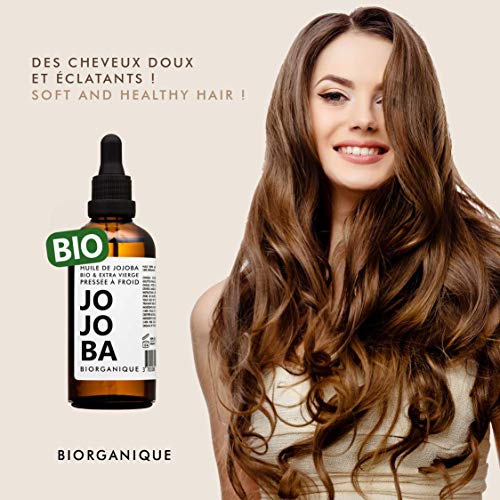 Aceite de Jojoba - 100 % Orgánico, Puro, Natural y Prensado en Frío - 100 ml - para el cuidado del cabello, cuerpo, piel - Ecologico