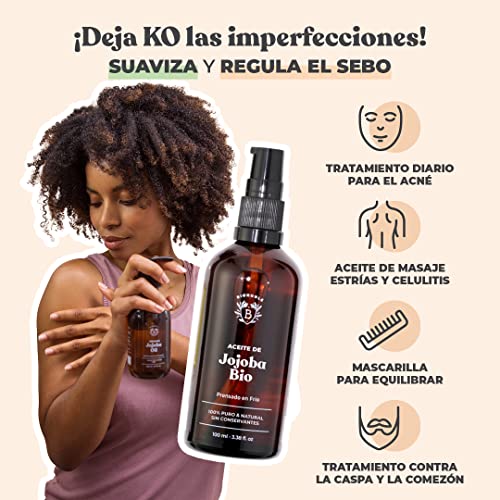 ACEITE DE JOJOBA ORGÁNICO | 100% Puro, Natural y Prensado en Frío | Rostro, Cuerpo, Cabello, Barba, Uñas | Vegano y Cruelty Free | Jojoba Oil | Botella de Vidrio + Pipeta + Bomba (100ml)