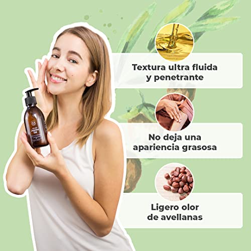 ACEITE DE JOJOBA ORGÁNICO | 100% Puro, Natural y Prensado en Frío | Rostro, Cuerpo, Cabello, Barba, Uñas | Vegano y Cruelty Free | Jojoba Oil | Botella de Vidrio + Pipeta + Bomba (100ml)