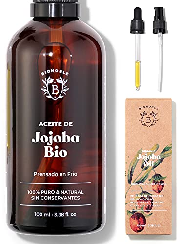 ACEITE DE JOJOBA ORGÁNICO | 100% Puro, Natural y Prensado en Frío | Rostro, Cuerpo, Cabello, Barba, Uñas | Vegano y Cruelty Free | Jojoba Oil | Botella de Vidrio + Pipeta + Bomba (100ml)