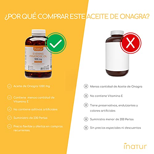 Aceite de Onagra 1.000 mg – 230 Perlas | Inatur | Vitamina E | 10% GLA | Suministro 7 meses | Salud hormonal de las mujeres | Salud de piel y huesos | 100% Natural