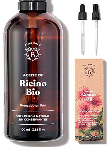 ACEITE DE RICINO ORGÁNICO | 100% Puro, Natural y Prensado en Frío | Pestañas, Cejas, Cuerpo, Cabello, Barba, Uñas | Vegano y Cruelty Free | Castor Oil | Botella de Vidrio + Pipeta + Bomba (100ml)