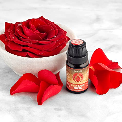 Aceite esencial de rosa, con certificado ecológico, 100% puro, ideal para aromaterapia, masajes, difusores y para diluir en el baño, con libro electrónico de regalo, 10 ml (Rosa damascena)