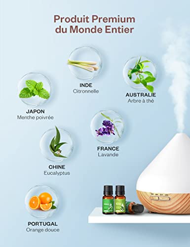 Aceites Esenciales 6 * 10ml ( Lavanda, Hierba de Limón, Menta, Árbol de té, etc. ). Aceite aromático 100% puro natural para Difusor, Humidificador, Masaje, Cuidado de la Piel y del Cabello