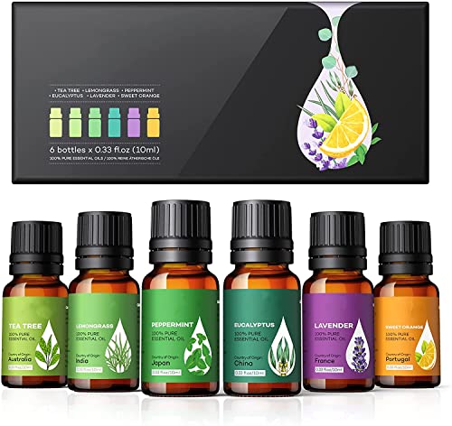 Aceites Esenciales 6 * 10ml ( Lavanda, Hierba de Limón, Menta, Árbol de té, etc. ). Aceite aromático 100% puro natural para Difusor, Humidificador, Masaje, Cuidado de la Piel y del Cabello