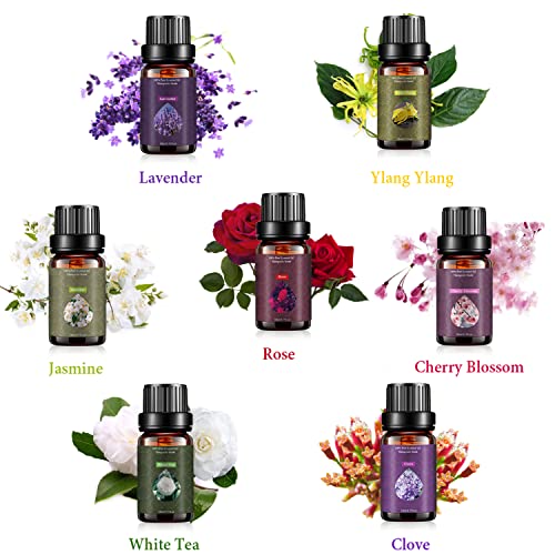 Aceites Esenciales Natural 7 x 10ML, Aceite Esencial Aromaterapia Floral Puro para Humidificador y Difusor Aroma - Flores de Cerezo, Clavo, Jazmín, Lavanda, Rosa, Té Blanco, Ylang Ylang