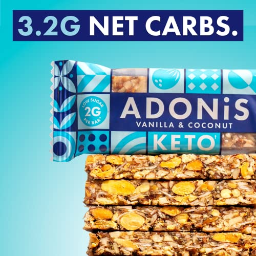 Adonis Barras Keto | Barritas Keto de Coco Vainilla | Naturales Keto Snack Bar, Baja en Carbohidratos, Sin Gluten, Vegano, Bajo Azúcar, Bajo en Calorías, Pérdida de Peso, Barra de Desayuno (Caja 16)