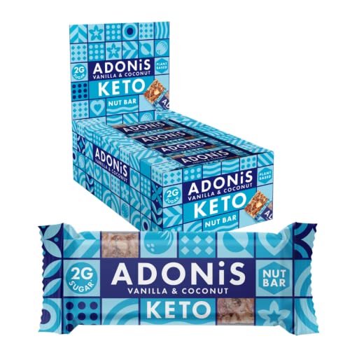 Adonis Barras Keto | Barritas Keto de Coco Vainilla | Naturales Keto Snack Bar, Baja en Carbohidratos, Sin Gluten, Vegano, Bajo Azúcar, Bajo en Calorías, Pérdida de Peso, Barra de Desayuno (Caja 16)