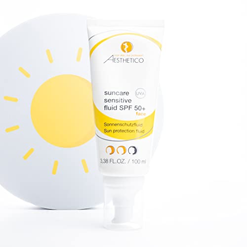 AESTHETICO Suncare Sensitive Fluid SPF 50+ – Crema solar para el rostro con muy alta protección UV, para todas las imágenes de la piel, se absorbe rápidamente, sin residuos, sin perfume, 100 ml