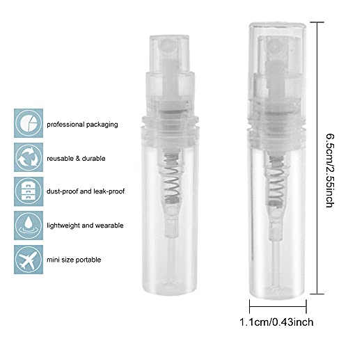 AFASOES 80 Pcs Mini Botellas de Spray 3ml Botella Spray Pulverizador Botella de Plástico con Atomizador Bote Spray Vacío con Tapas Botellas Spray Rellenables para Perfume Muestras Liquido, Cerra bien