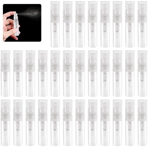 AFASOES 80 Pcs Mini Botellas de Spray 3ml Botella Spray Pulverizador Botella de Plástico con Atomizador Bote Spray Vacío con Tapas Botellas Spray Rellenables para Perfume Muestras Liquido, Cerra bien