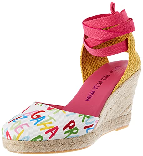 Agatha Ruiz de la Prada Sandalia Cuña Mujer Blanco Pistacho Letras Multicolor Talla 40 EU 16,5 Cm