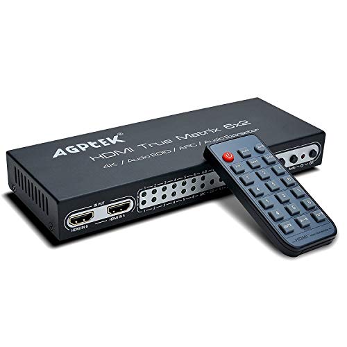 AGPTEK 4k@30hz 6X2 HDMI UHD-Matrix Switch Splitter con Mando a Distancia/ARC/Pip/Audio, SPDIF óptico y 3,5 mm, Stereo, Dolby 5.1 Surround | Compatibilidad Full HD, UHD, 4K, 4K*2K, HDMI 1.4