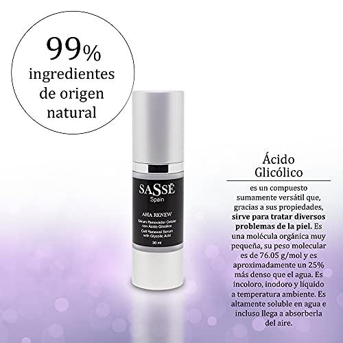 AHA RENEW - Sérum Renovador Celular Con Ácido Glicólico. Exfolia, Peeling, Regenera. Producto Natural Y Vegano. 30 Ml. Cosmética Natural Fabricada En España. Premios Innovación E I+d, Sassé.