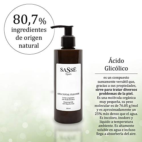 AHA TOTAL CLEANSE - Leche Limpiadora Facial Con Ácido Glicólico. Desmaquilla, Detox. Producto Natural Y Vegano. 250 Ml. Cosmética Natural Fabricada En España. Premios Innovación E I+d. Sassé.