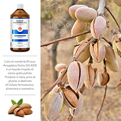 AIESI® Aceite de Almendras Dulces Ph.Eur. 100% puro prensado en frío para uso Farmacéutico Alimentario Cosmético y Dermatológico botella de 1 litro, Made in Italy